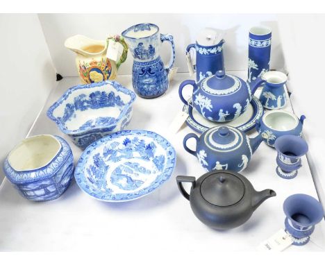 A selection of blue and wear Jasperware ceramics, including; Tunstall England teapot; Wedgewood teapot and stand; a Wedgewood