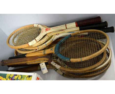 A selection of six vintage Slazenger tennis rackets, including: 'The Demon', 'Queen's Tournament Model', 'Challenge Power Mod