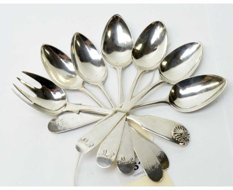 A set of six silver teaspoons, by Thomas Watson, Newcastle; and a Newcastle pickle fork, 3.6oz. gross. 