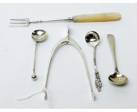 A selection of silver items, comprising: a pair of wishbone pattern sugar nips, by J Sherwood &amp; Sons; a pickle fork with 