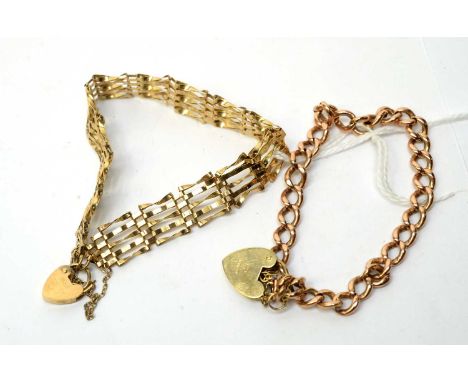 A 9ct rose gold curb link bracelet; and a 9ct yellow gold gate link bracelet, 18.2g gross. 