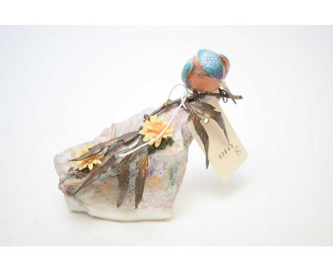 An Albany Fine China Co. ceramic bird study incorporating metal modelled as a Kingfisher, on rocky base, factory mark to base