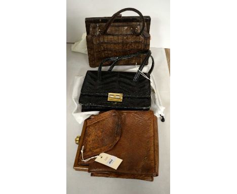 A selection of lady's vintage handbags, comprising: a brown leather (ostrich skin?) handbag, with gilt buckle; lady's brown c