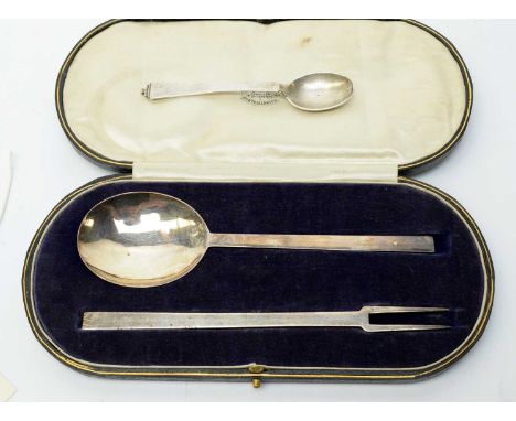 A modern silver fork and spoon, by Frank Finley Clarkson, London 1929, cased; and a Georg Jensen teaspoon. 