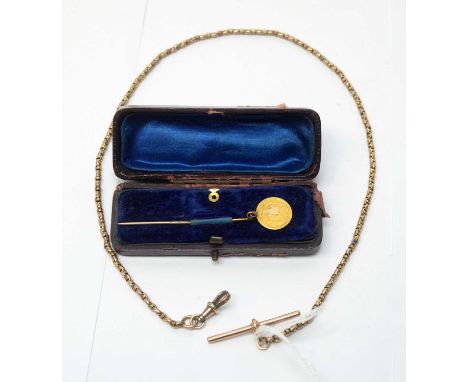A 19th Century yellow metal chain, stamped '9c', with 9ct gold t-bar, 13.3g gross; and a USA gold dollar, mounted to a tie pi