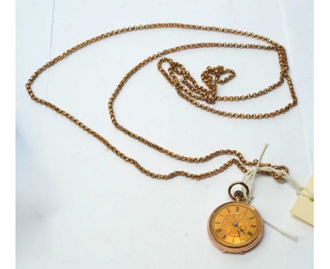 A Swiss 9ct gold fob watch, engraved with foliate scrolls, manual crown wind movement, on gilt muff chain, in box and outer c