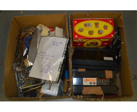 A collection of tools, including: Rover Pompe pump, in box; Intelligent DC/AC Power Invertor; and other items, two boxes.