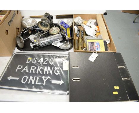 A selection of car parts, accessories and other items, including: a pair of French Marshal headlights; a road lantern by Jose