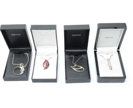 Four Malcolm Gray for Ortak silver pendants, one enamel and one set gemstones, in boxes. 
