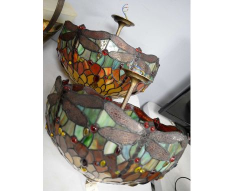 A pair of Tiffany-style lamp glass ceiling light shades, each with leaded stained glass style dragonfly motif decoration, eac