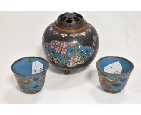 A pair of antique Chinese cloisonne bowls in blue enamel decorated with dragons and similar three footed censor.