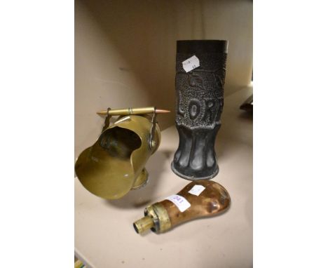 Two pieces of early 20th century Trench Art with a 18th century copper bodied powder flask.