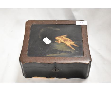 An antique Japan lacquer trinket case decorated with the scene of a Rabbit leaping towards the moon.