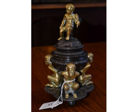 A 19th century dark patinated and polished bronze sculptural inkwell, the cover surmounted by a putto, cast with pan mask and
