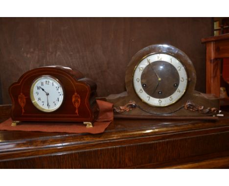 An Edwardian inlaid mahogany mantel clock, white dial, Arabic numerals; another (2)