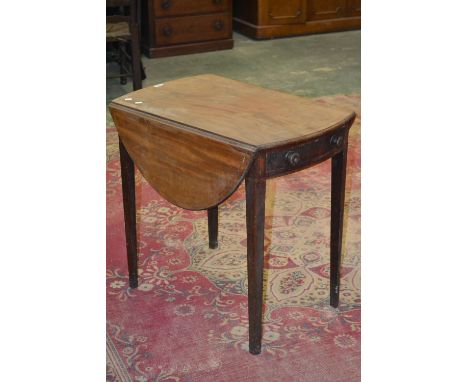 A mahogany Pembroke table, oval inlaid top single drawer to frieze, blind drawer to verso, button handles, tapering square su