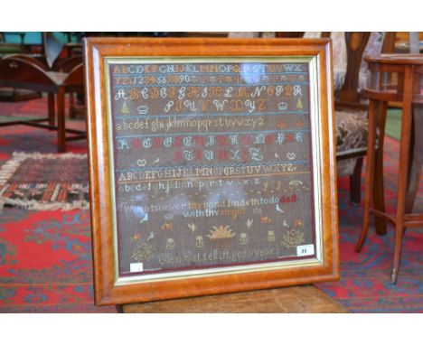 Textiles - a 19th century needlework sampler, worked by Ellen Cattell, aged 11 Years, with rows of upper and lower case lette