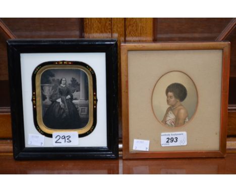 A 19th century tintype photograph, woman in black, within an enamel and foil decorated frame; a Baxter print (2)