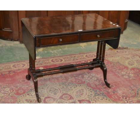 A rosewood sofa table, crossbanded top, two short drawers to frieze, turned stretchers and supports, cabriole legs, pad feet