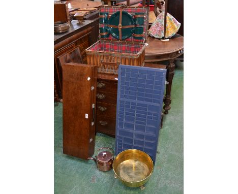 A picnic hamper; gun case; brass-footed jardiniere; copper bottles; print trays (6)