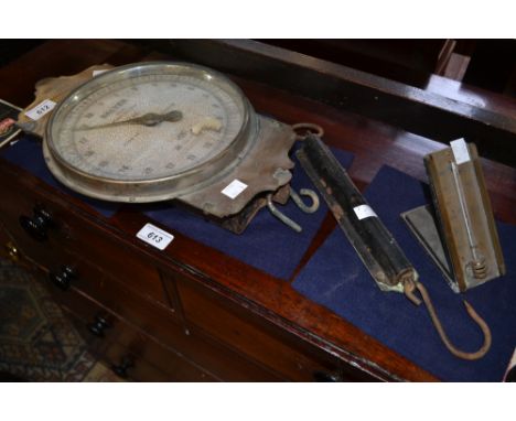 A Salters trade spring balance scale, No. 777, to weigh 0-30 lbs; another class II improved scale; an oven thermometer (3). 