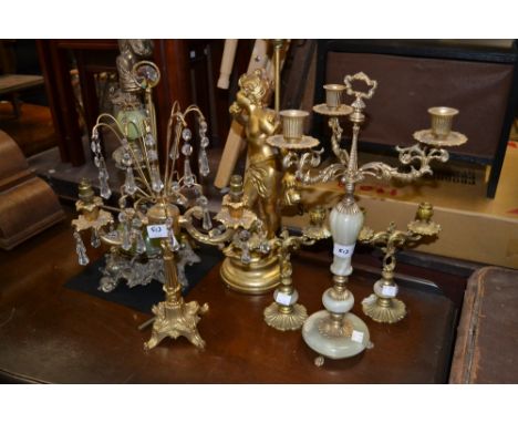 Lighting - a gilt metal and green onyx table lamp;  a gilt metal and cutr glass two arm table lamp;  a figural table lamp;  a