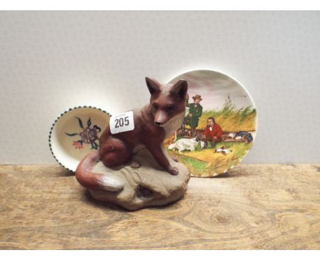 Poole Pottery fox ornament, small dish and a decorative plate 