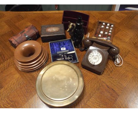 Old telephone, letter rack, boxes, brass and copper etc. 