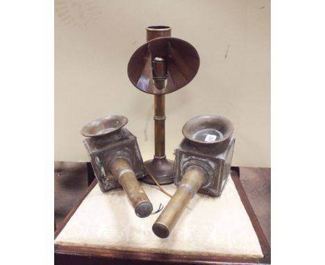 Pair of old brass carriage lamps and a brass nursing style lamp 