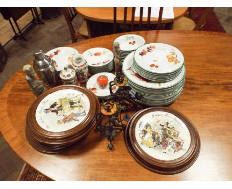 Qty of Royal Worcester Evesham Vale plates and bowls, 5 framed wall plates, cocktail shaker, figure ornaments etc. 