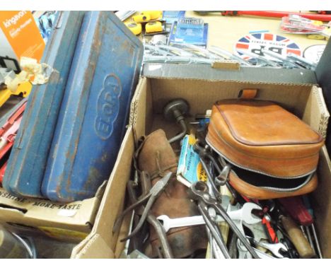 Large box of hand tools, grease gun etc, and a qty of socket sets 