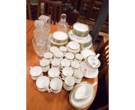 Paragon green bordered china dinner, tea and coffee service, 3 glass decanters and an ice bucket 