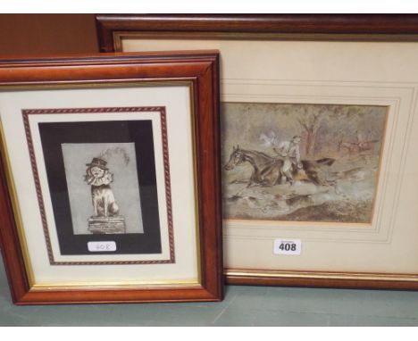 Humorous watercolour depicting Punch dog together with a hunting watercolour signed T H Mew dated 1877