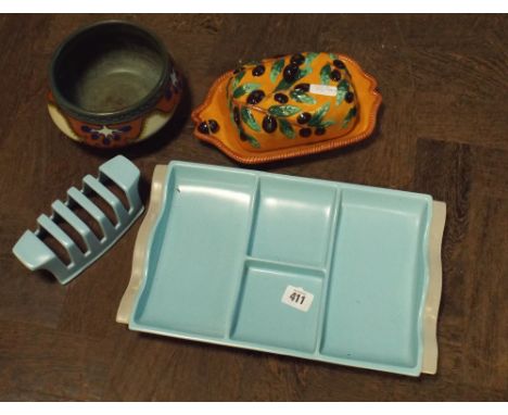 Poole Pottery entree dish, toast rack, Carlton Ware butter dish etc. 