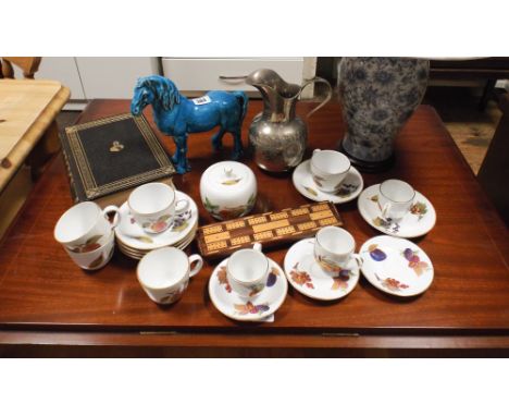 Royal Worcester Evesham coffee set, blue and white table lamp with shade, horse ornament, crib board and a book Forsyth Saga 