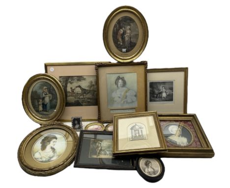 Collection of decorative prints with country house themes and one unsigned pencil sketch of a Garden Temple in one box max 20