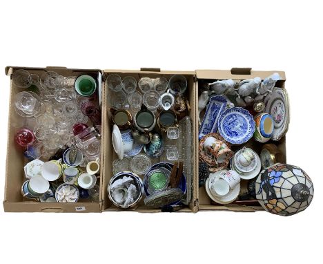 Spode Italian dishes, cut glass, Tiffany style lamp, copper lustre jugs and miscellanea in three boxes
