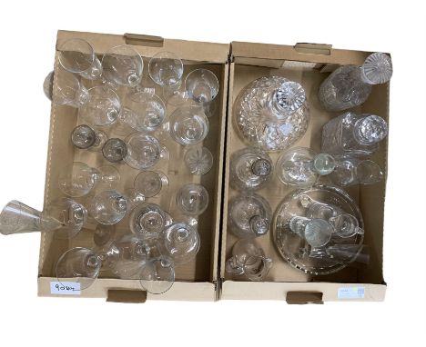 Glass ships decanter, pair of sherry decanters, two 'penny lick' ice cream glasses and other table glass in two boxes