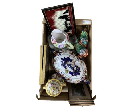 Ashworth Ironstone soup tureen and cover, Coalbrookdale design vase, two Samson cockerels, Chinese plate, needlework pictures