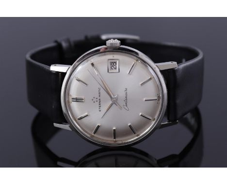 Eterna Matic Centenaire Swiss men's wristwatch in a steel case, case numbered 4893845, case size is 34 mm on a leather strap 
