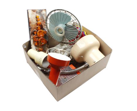 Box with metal wall lamp, clamp lamp and desk lamp, plastic table fan, mold containers and ceramic wall decoration, 1960s and