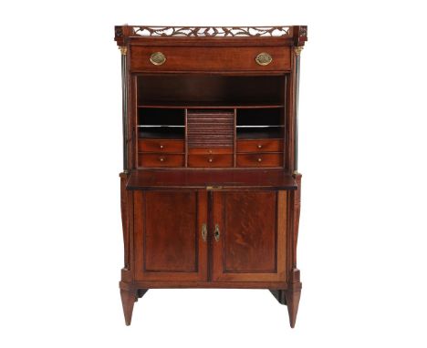 Oak secretary with covered gate on top, half-full blackened columns, drawer, nest with 5 drawers, roller shutter door, open c