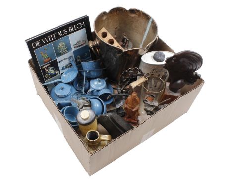 Various box including silver-plated wine cooler, bronze statues, blue enamel children's tableware, oriental wooden statue, bo