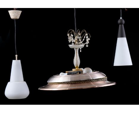 Opaline glass hanging lamp, 1960s, 64 cm high, Herda opaline glass hanging lamp, 1970s, 48 cm high and glass 3-light hanging 