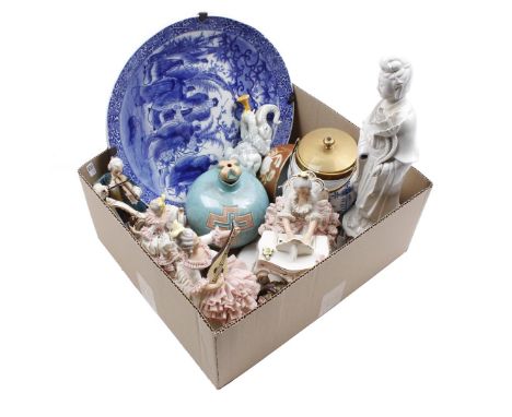 Box with Dresden classic porcelain statue groups (damage), oriental porcelain saucer, statue (incomplete) and bowl, porcelain