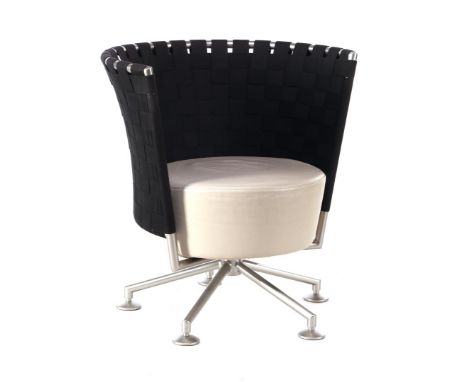 Peter Maly (1936-)aluminium swivel armchair with light leather seat and woven black back, standing on 5 legs, design Peter Ma