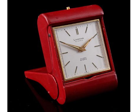 Looping Swiss travel alarm clock in red leather case, 1960s, 9.5x6.5 cm
