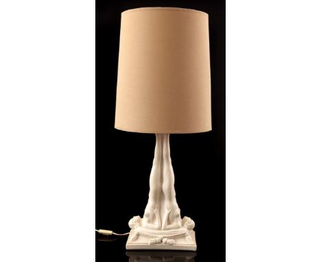Plaster table table lamp base of 2 reclining women with upholstered shade, monogram M 21 and logo on base, in Art Deco style,