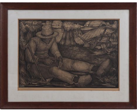 Willem van den Berg (1886-1970)Sharpening the scythe, lithograph 36x51 cm in an oak frame