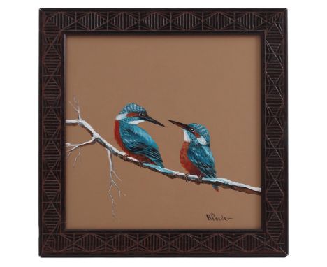 Henk Poeder (1964-)2 kingfishers on snow-covered branch, panel 33x33 cm
